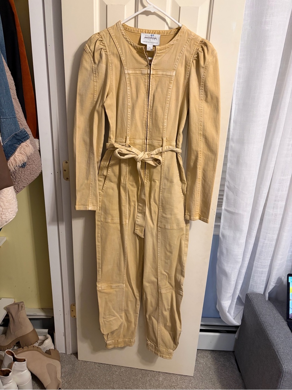 Anthropologie Yellow-Tan Long-Sleeve Utility Jumpsuit